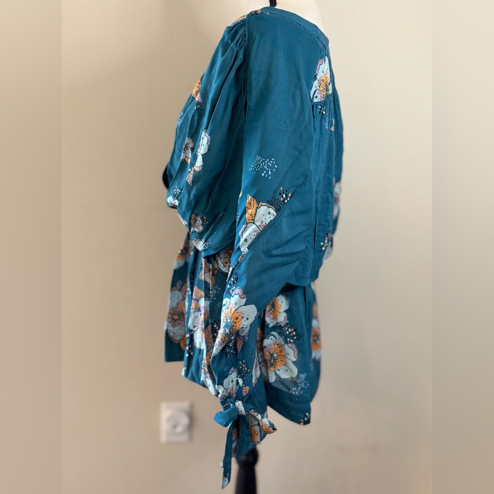 Free People teal floral boho top dolman long sleeve SZ XS - Picture 3 of 14